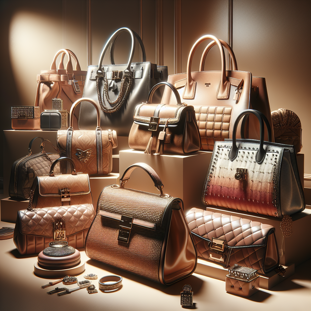 A realistic depiction of multiple high-end handbags on sale, showcasing luxury designs in a stylish setting.