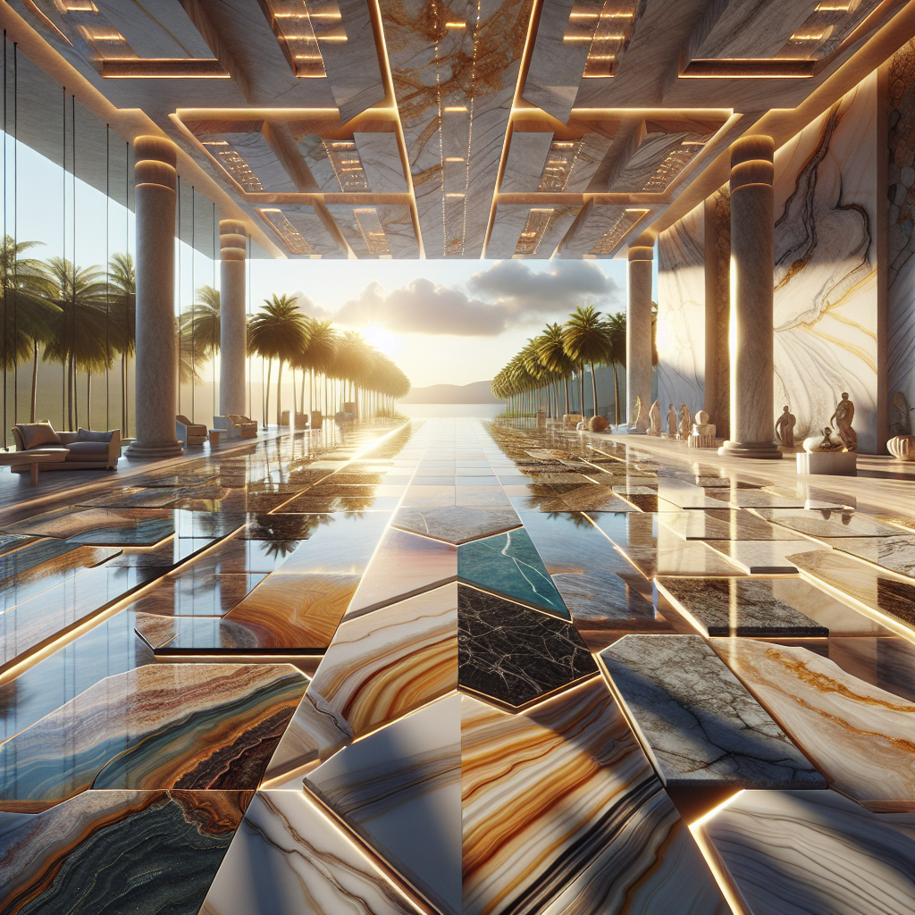 Assortment of luxurious designer stone slabs with various patterns and colors, in a sunny Florida showroom setting.