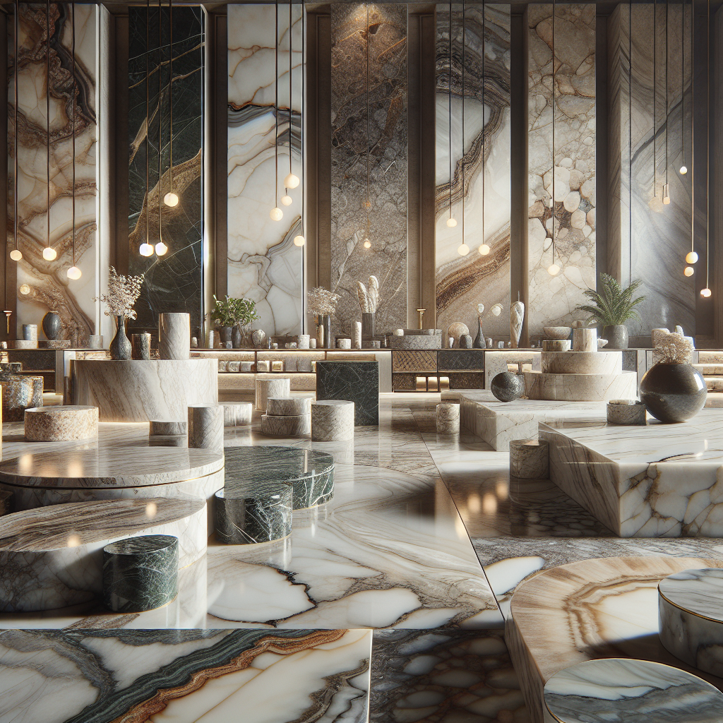 Assorted designer stone slabs with varied textures and colors displayed in a luxury showroom, highlighting their natural elegance.