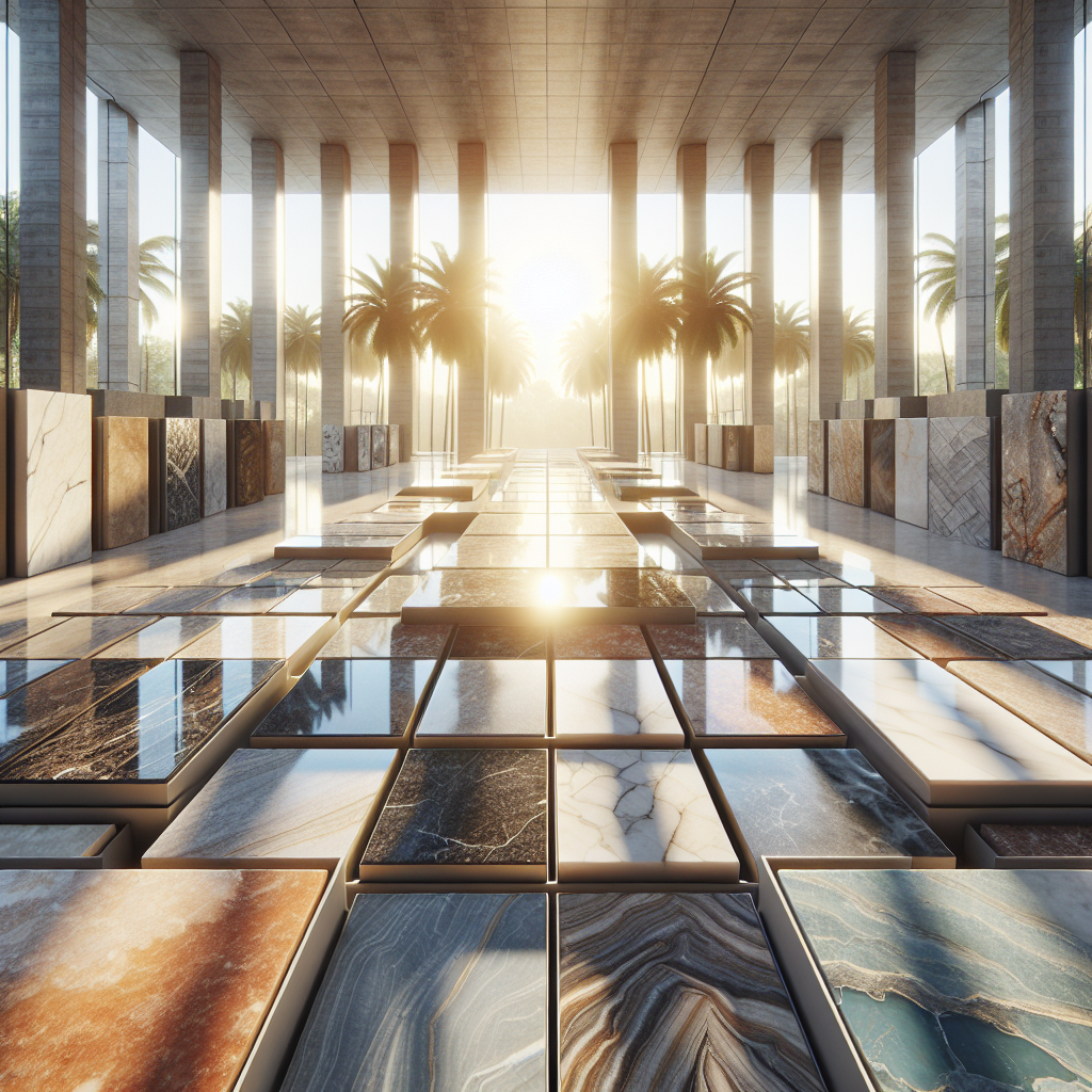 Designer stone slabs including marble, granite, onyx, porcelain, quartz, and semi-precious stone, displayed in a luxurious and sunny Florida showroom.