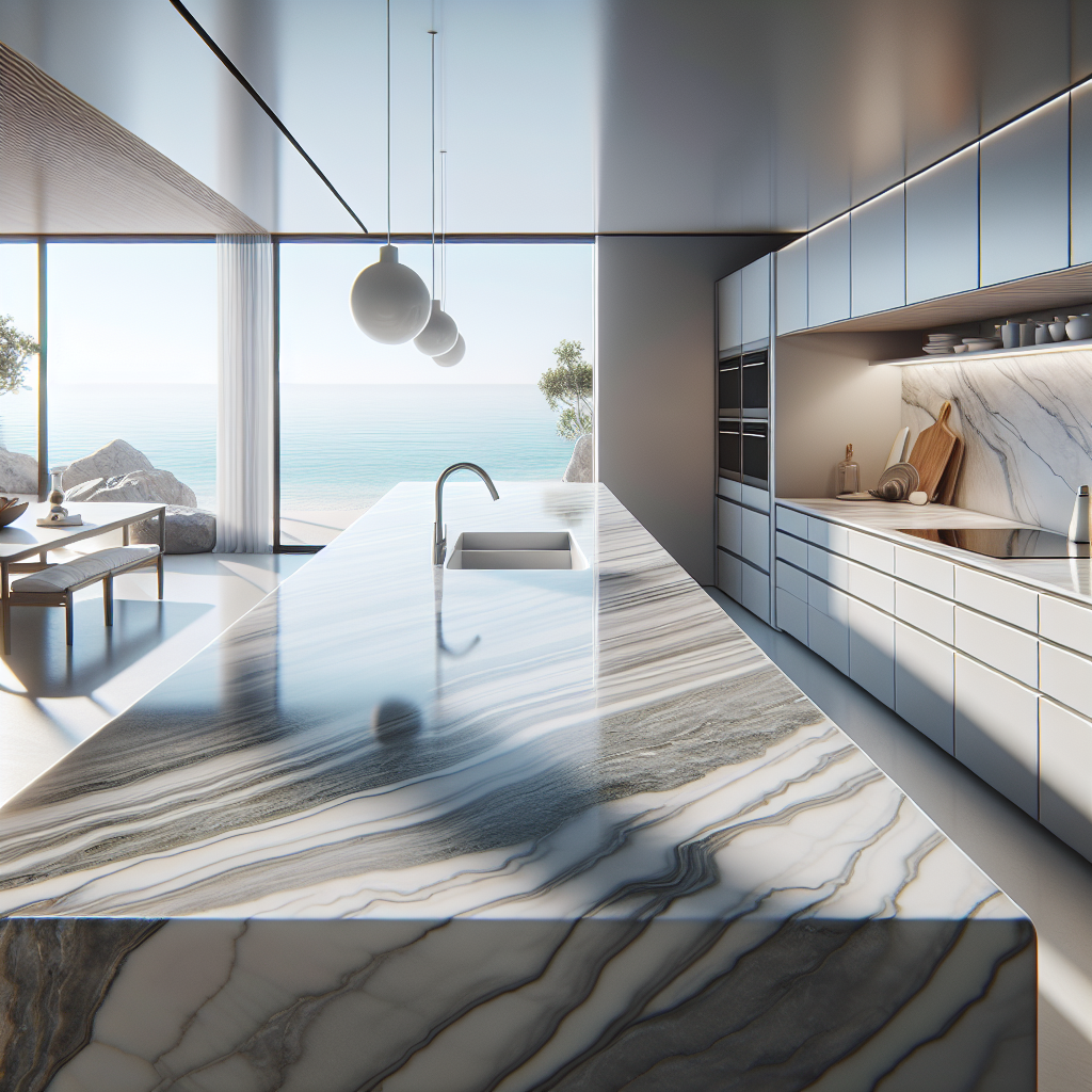 Realistic image of a modern porcelain kitchen countertop in Pompano Beach home, showcasing luxury and durability with ambient lighting.