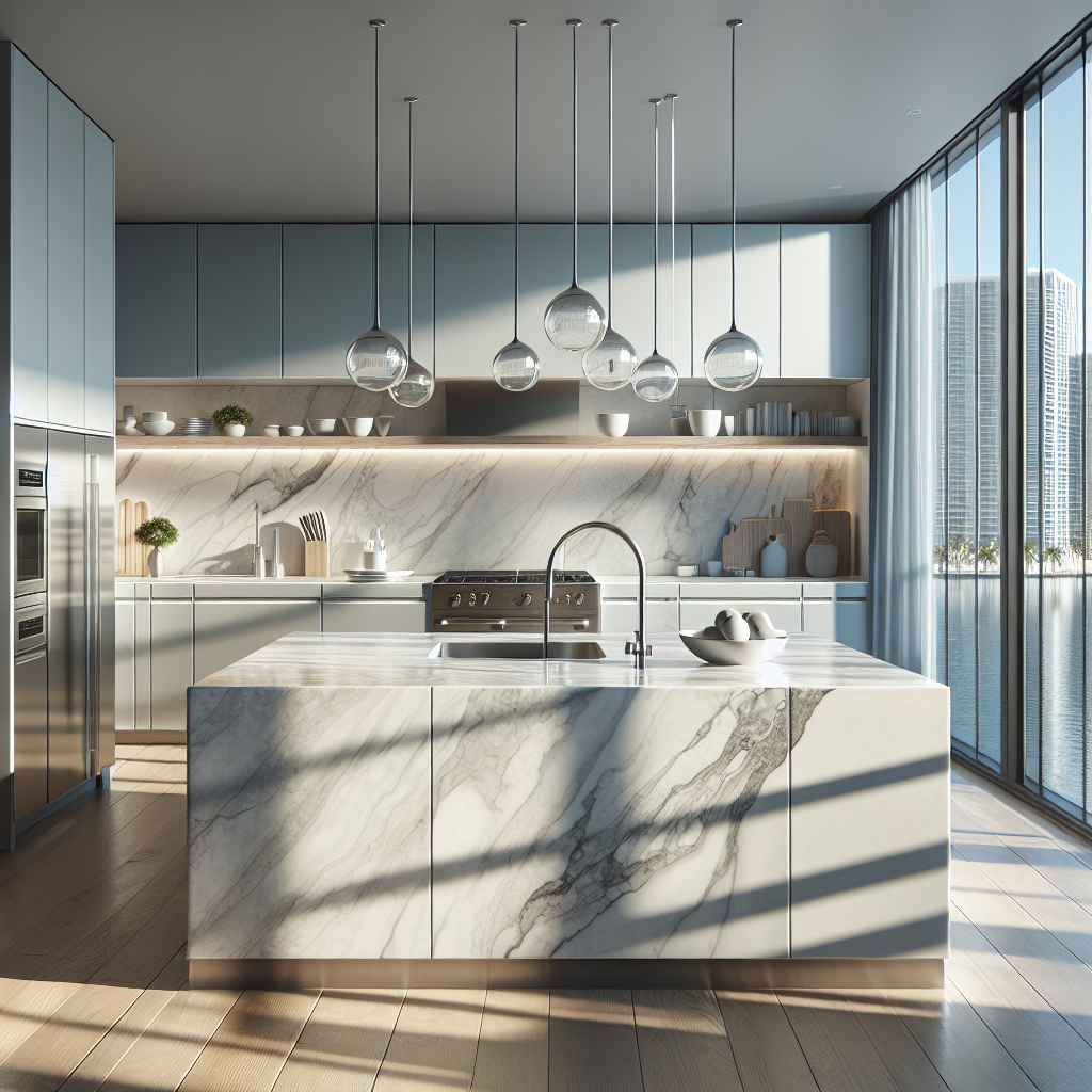 Modern kitchen with a porcelain countertop in shades of off-white and grey, reflecting sunlight, in a clean, minimalistic Pompano Beach style kitchen.