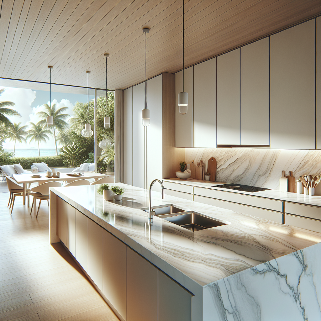 Luxurious modern kitchen with porcelain countertops, stainless steel appliances, and tropical outdoor view through a window.