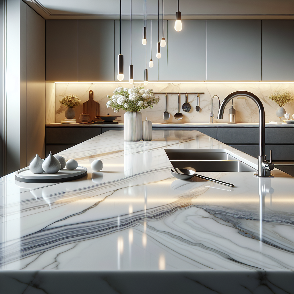 A section of a modern kitchen highlighting white and grey veined porcelain countertops with luxury kitchen accessories.