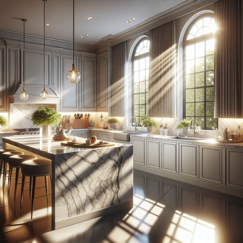 An elegant kitchen with sleek, glossy porcelain countertops reflecting bright natural light, showcasing the fusion of durability and style.