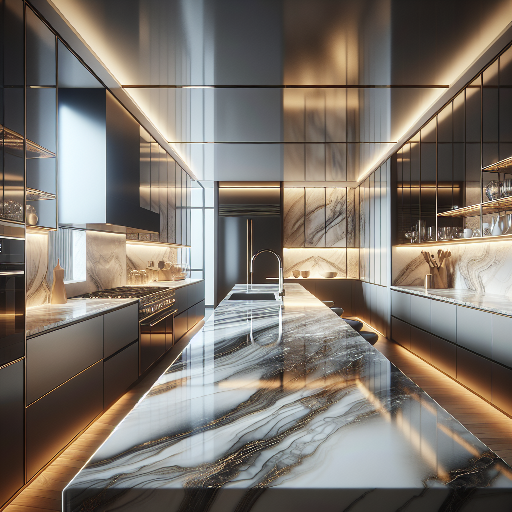 Elegant modern kitchen with a luxurious porcelain countertop with marble-like patterns, stainless steel appliances, and warm natural lighting.