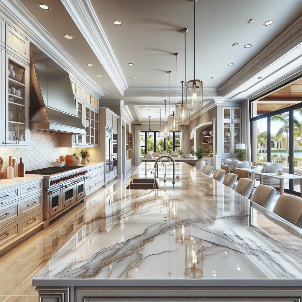 Modern Florida kitchen with white polished porcelain countertops with subtle veins, stainless steel appliances, and wooden cabinets, bathed in natural sunlight.