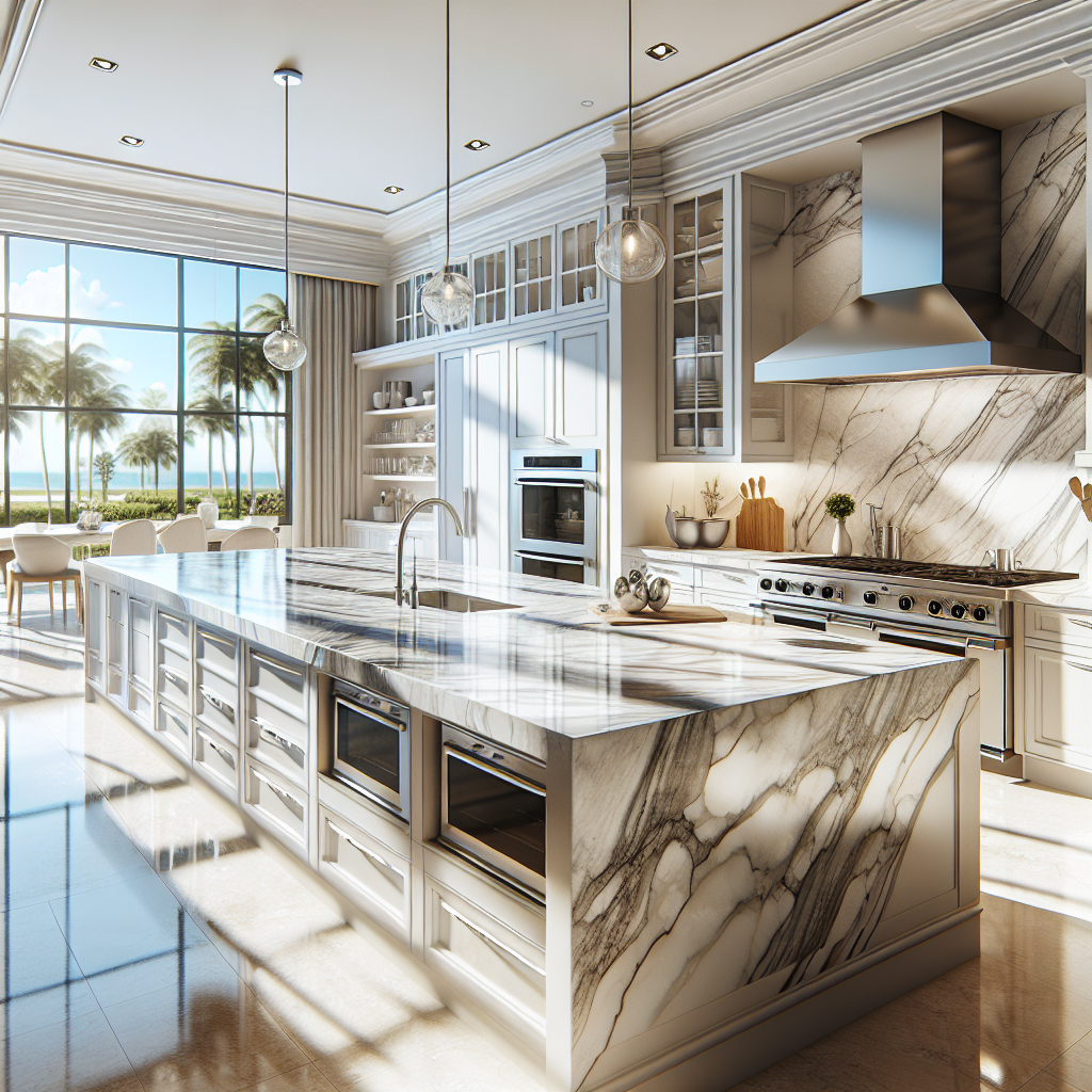 Luxurious modern kitchen with polished porcelain countertops, stainless steel appliances, white cabinetry, and a view of a sunny Florida landscape through large windows.
