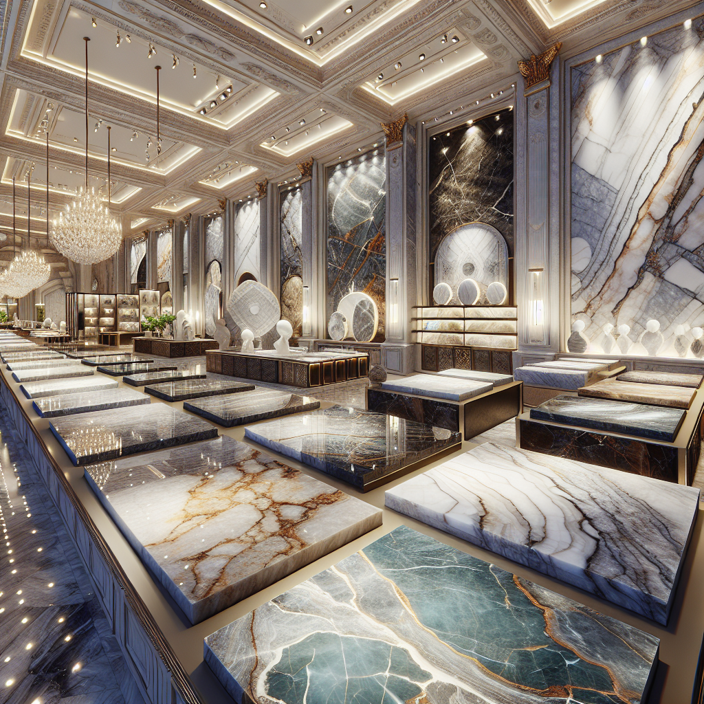 Elegant showroom display of various Boynton Beach marble slabs with rich colors and intricate veining.