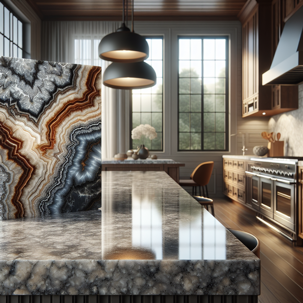 Luxurious kitchen with high-quality onyx and granite stone countertops, showcasing the rich colors and durability, in a naturally lit interior.