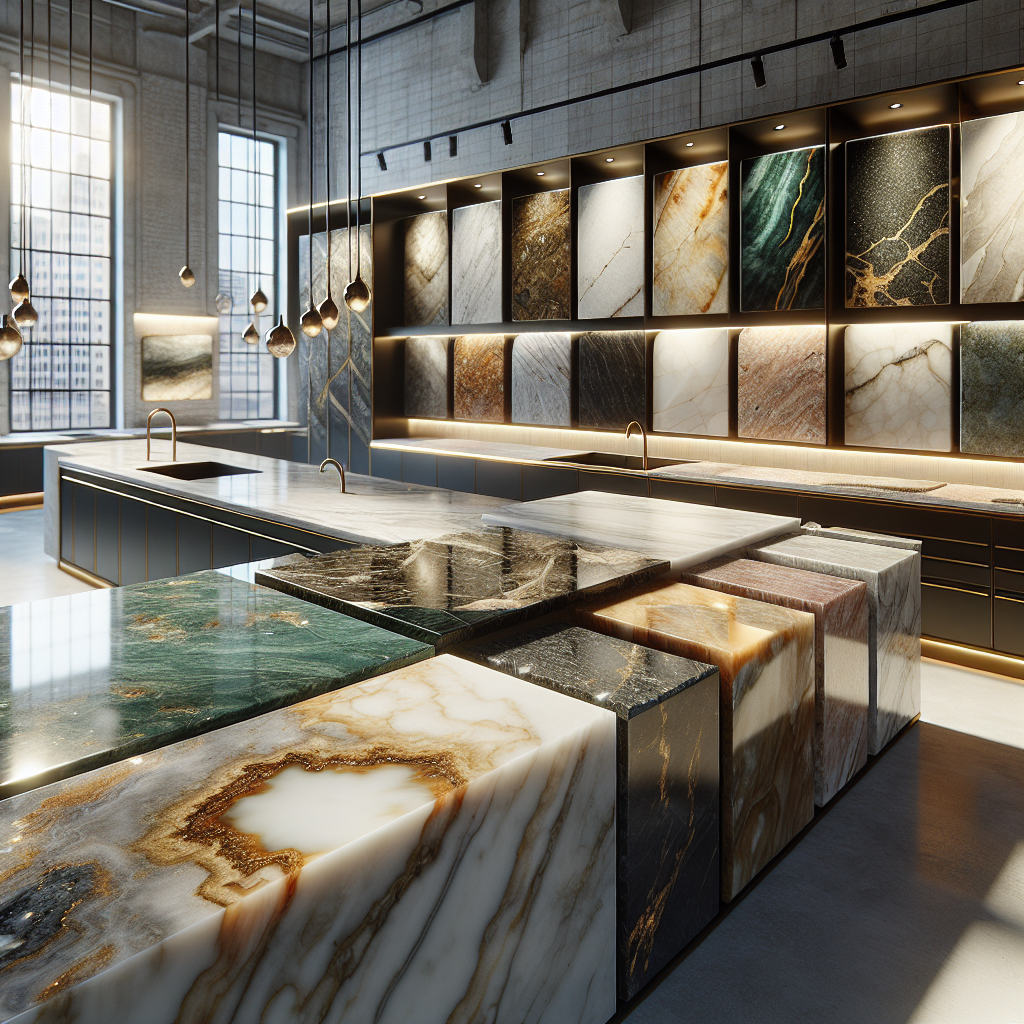A selection of stone countertops including marble, onyx, and granite displayed in a bright kitchen showroom.