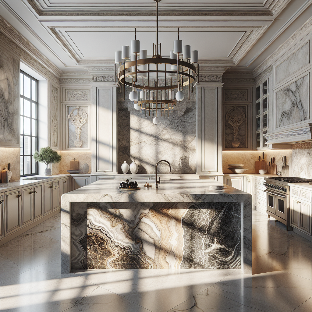 Luxurious kitchen with a variety of stone countertops, including marbles and granites, and a statement piece of onyx, demonstrating the high quality of Florida's stone suppliers.