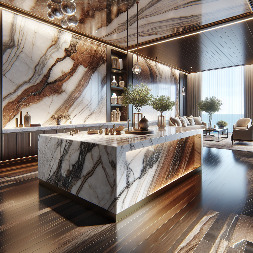 Luxurious marble countertop with intricate veining inside an upscale Pompano Beach home design showroom, accompanied by elegant decor.