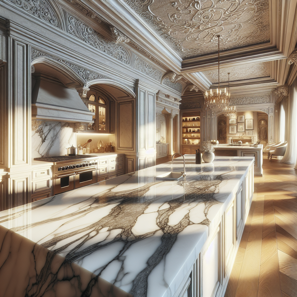 Luxurious white marble countertop with grey veining, reflecting light in a Pompano Beach kitchen setting, devoid of any text or faces.