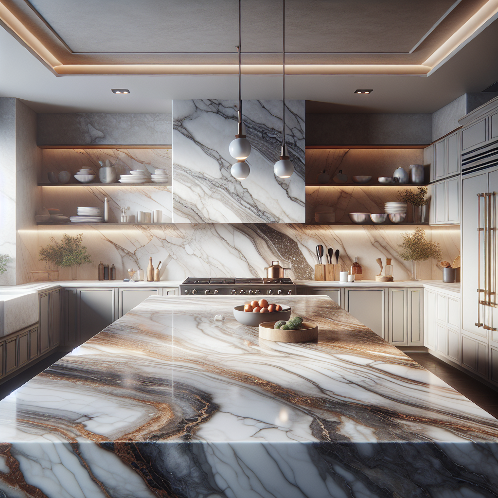 Polished marble countertop with intricate natural veining and a mix of white and earthy tones, set in an ambiently lit sophisticated kitchen.