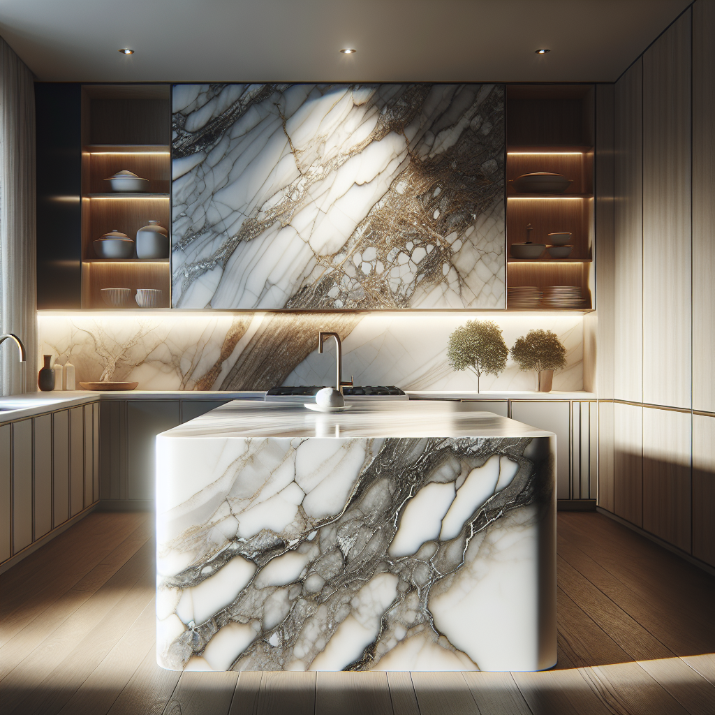 Elegant marble countertop with intricate veining, showcasing a variety of hues in a luxurious kitchen setting, bathed in soft natural light.