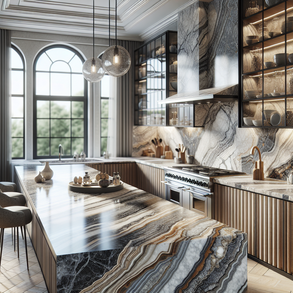 Luxurious kitchen featuring a variety of custom stone countertops in marble, granite, onyx, porcelain, quartz, and semi-precious stones.