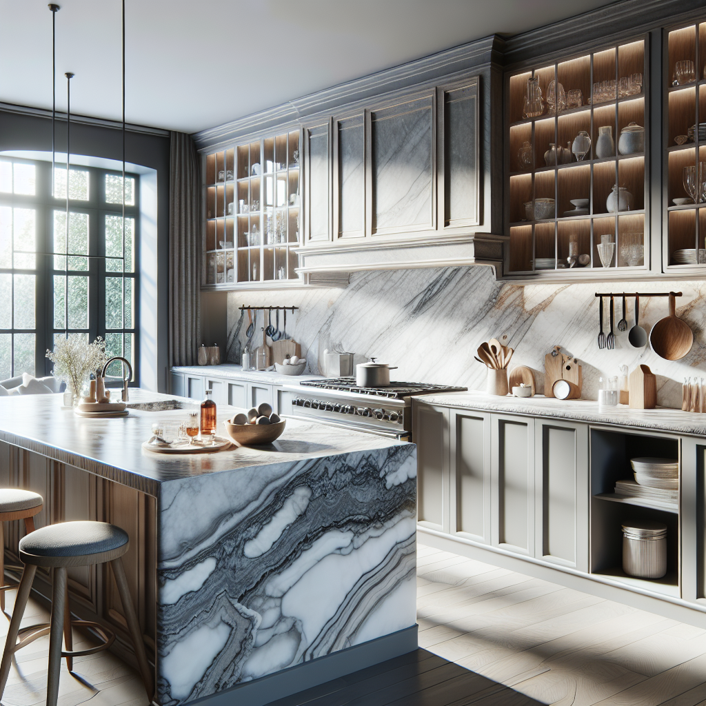 A luxurious kitchen countertop made of various custom stones such as marble, granite, onyx, porcelain, quartz, and semi-precious stones.