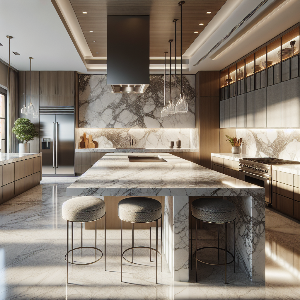 Modern luxurious kitchen with custom marble, granite, and quartz stone countertops.