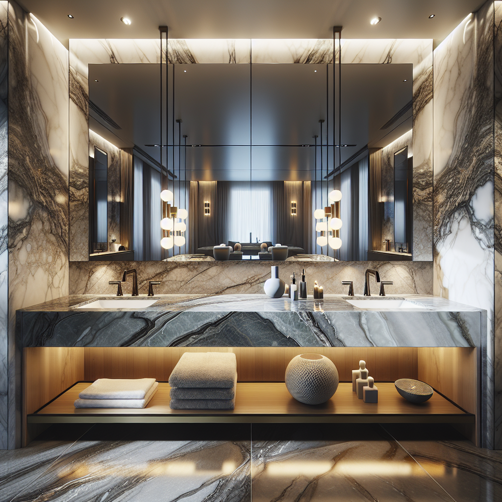 Luxurious bathroom vanity top with marble, granite, and quartz surfaces in a modern setting.