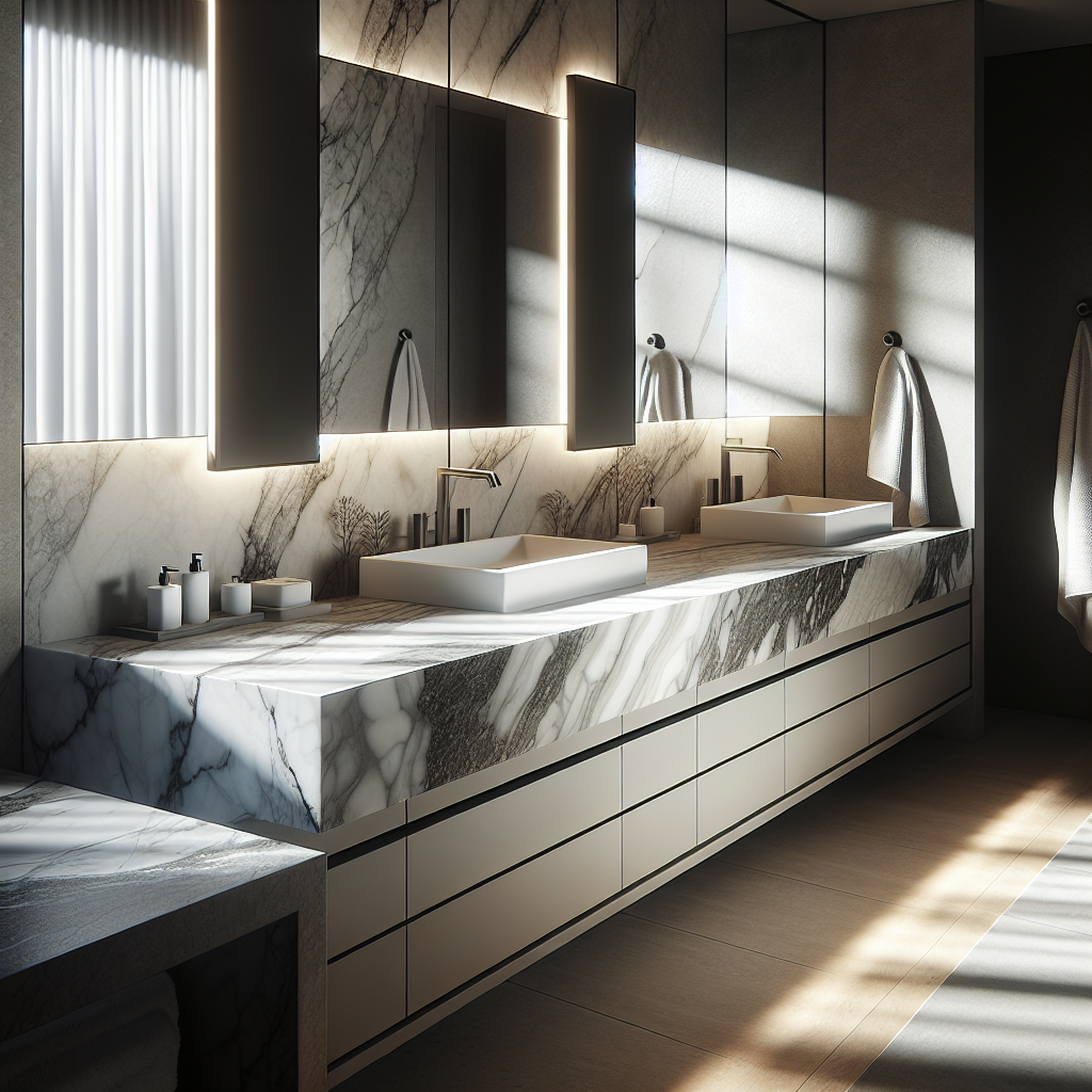 A modern bathroom displaying marble, granite, and quartz vanity tops with distinct textures and colors.