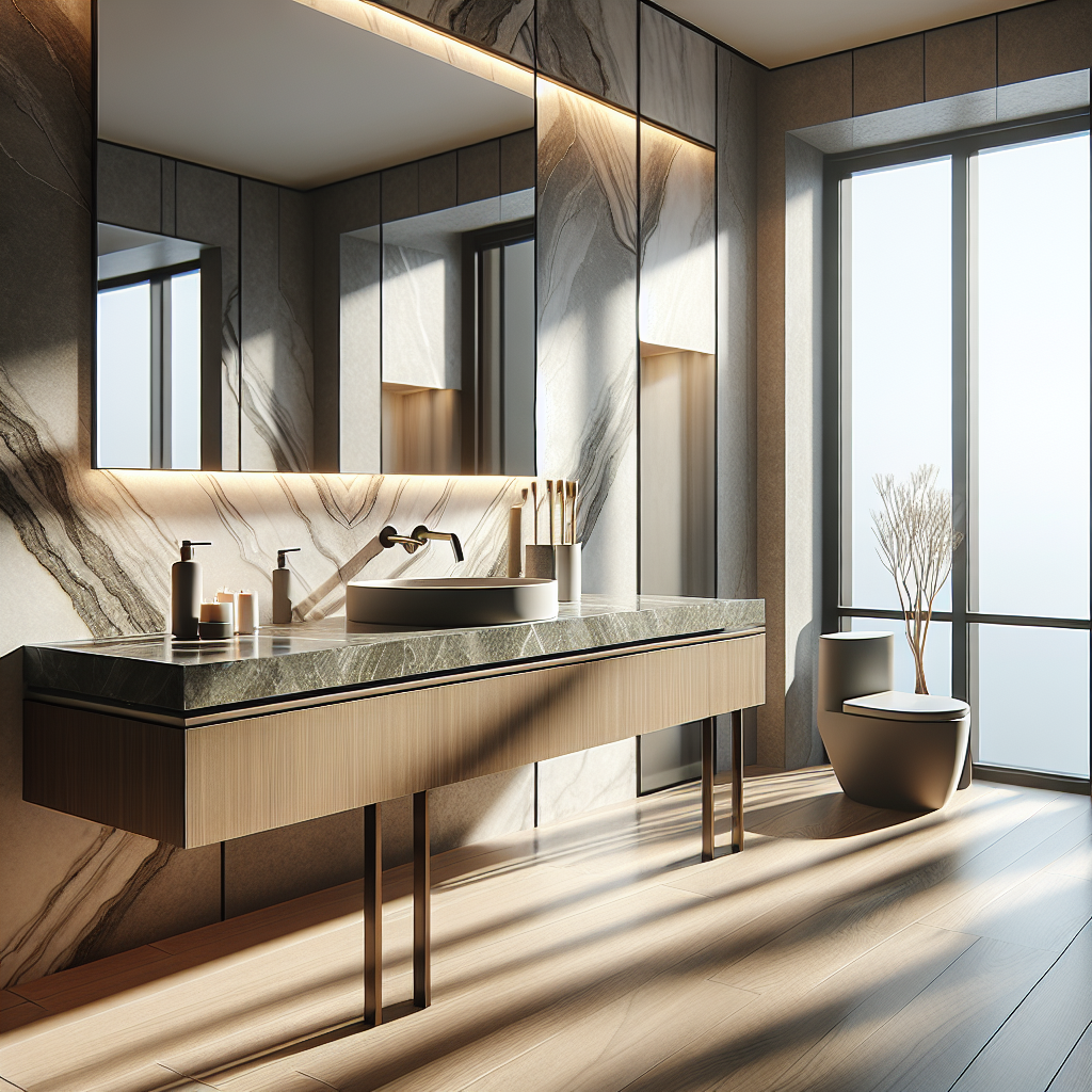 Modern bathroom with a sleek bathroom vanity top made from marble, granite, and quartz.