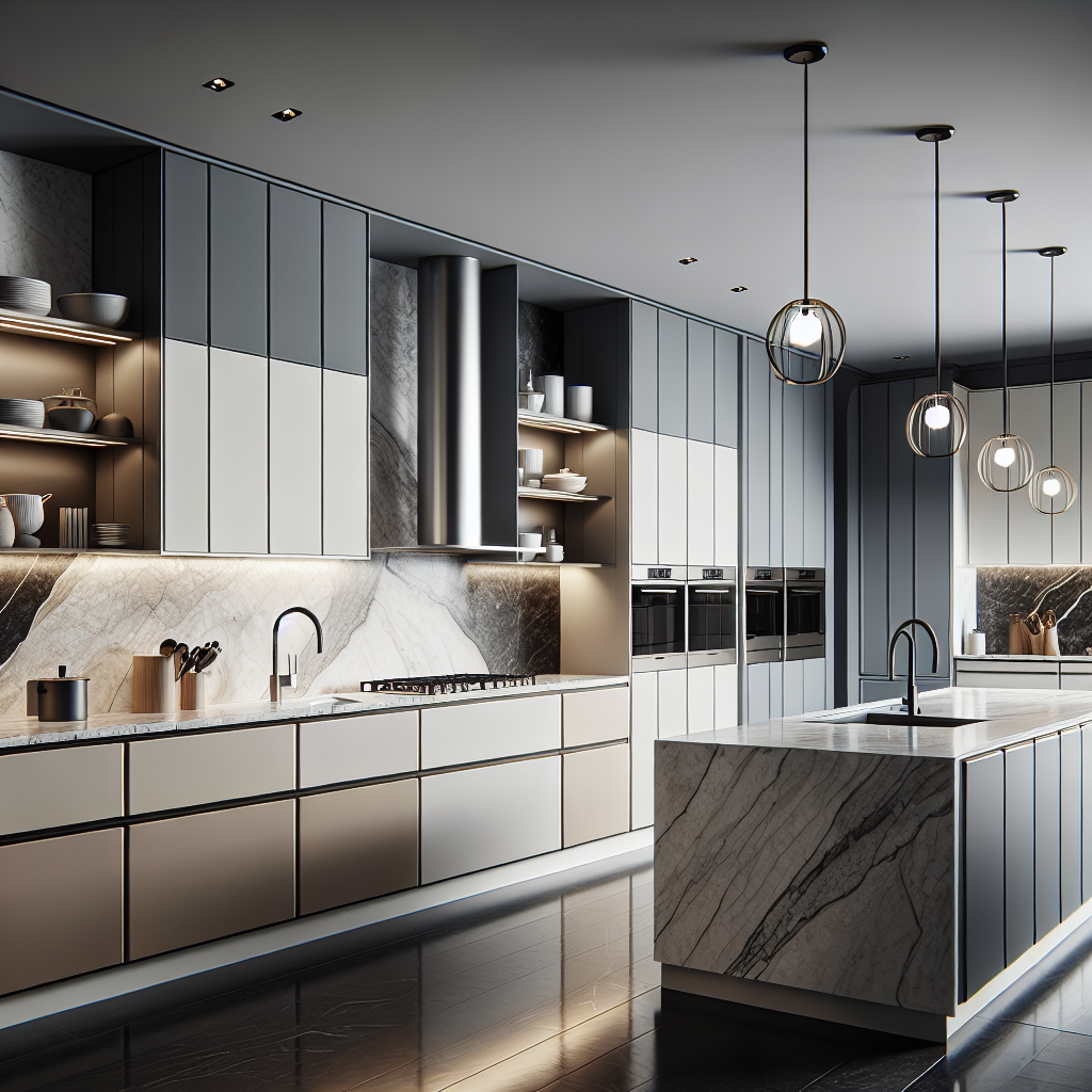 A realistic depiction of a modern kitchen makeover with sleek cabinetry, luxury countertops, modern lighting, and state-of-the-art appliances.