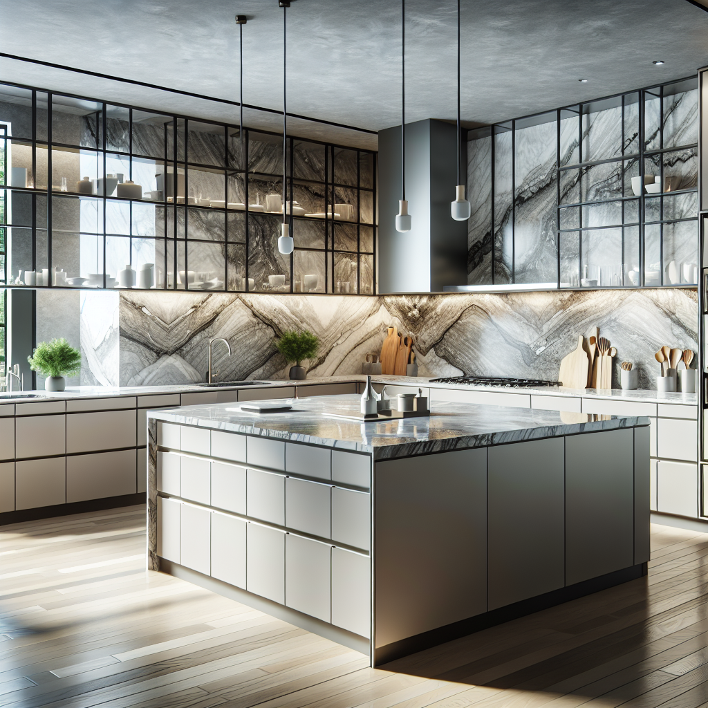 A modern kitchen with sleek cabinetry, marble countertops, modern lighting fixtures, and a stone backsplash.