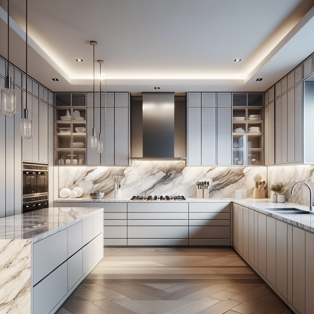 Modern kitchen makeover with marble countertops, handleless cabinetry, modern lighting, stone tile backsplash, and stainless steel appliances.