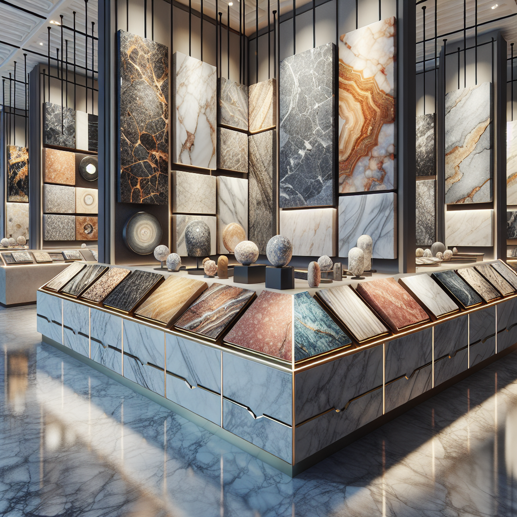 Luxurious stone showroom featuring various unique stone slabs like marble, granite, and quartz.