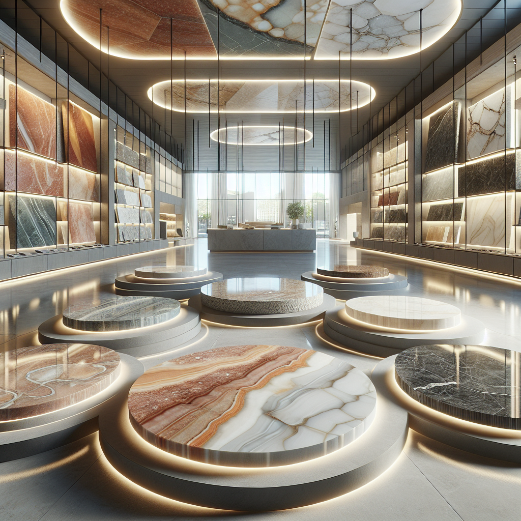 A realistic display of various unique stone slabs, including marble, granite, onyx, porcelain, and quartz in a showroom.