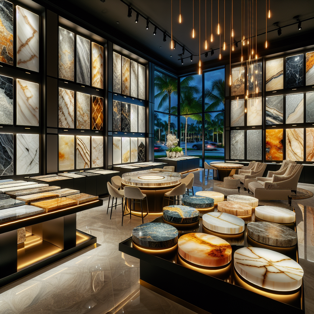 A luxurious showroom interior in Pompano Beach displaying a variety of exotic stone slabs including marble, granite, onyx, porcelain, quartz, and semi-precious stones.