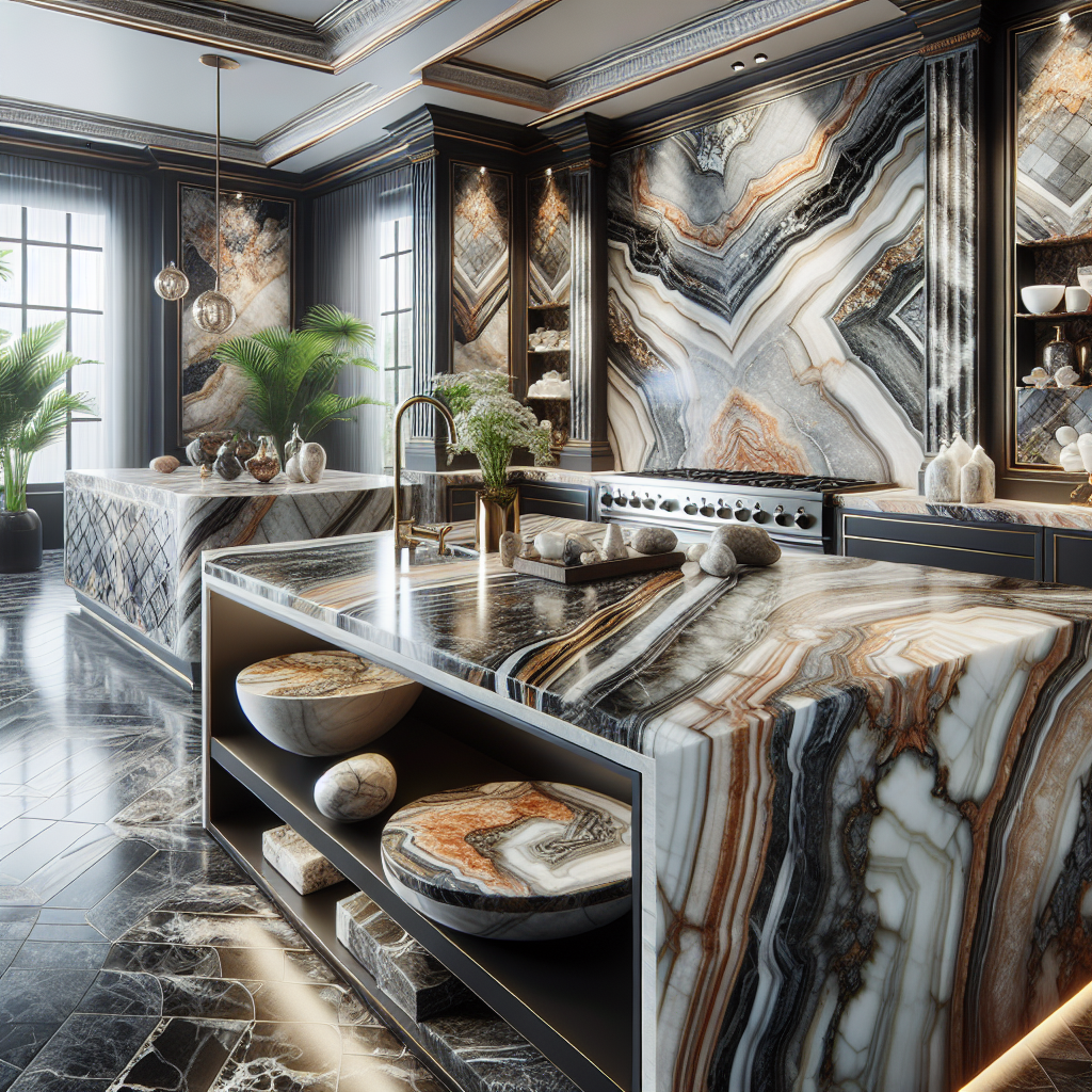 Elegant interior displaying a luxurious kitchen island and bathroom vanity with exotic stone slabs.