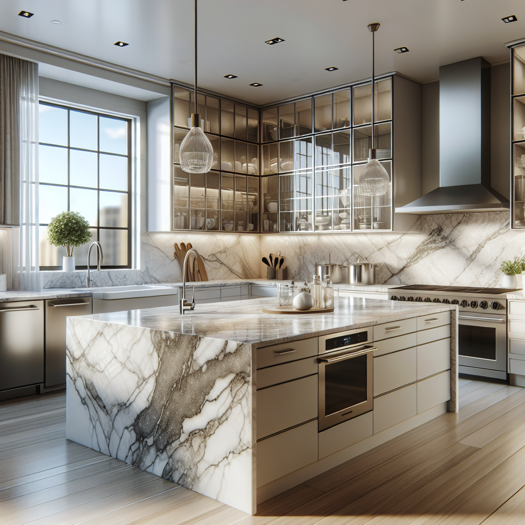 Modern kitchen featuring a quartz countertop with white and grey veining, stainless steel appliances, and sleek cabinetry, illuminated by natural light.