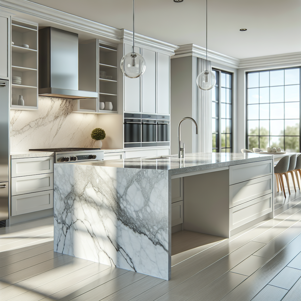 A modern kitchen with polished white quartz countertops featuring subtle grey veining, contemporary cabinetry, and stainless steel appliances.
