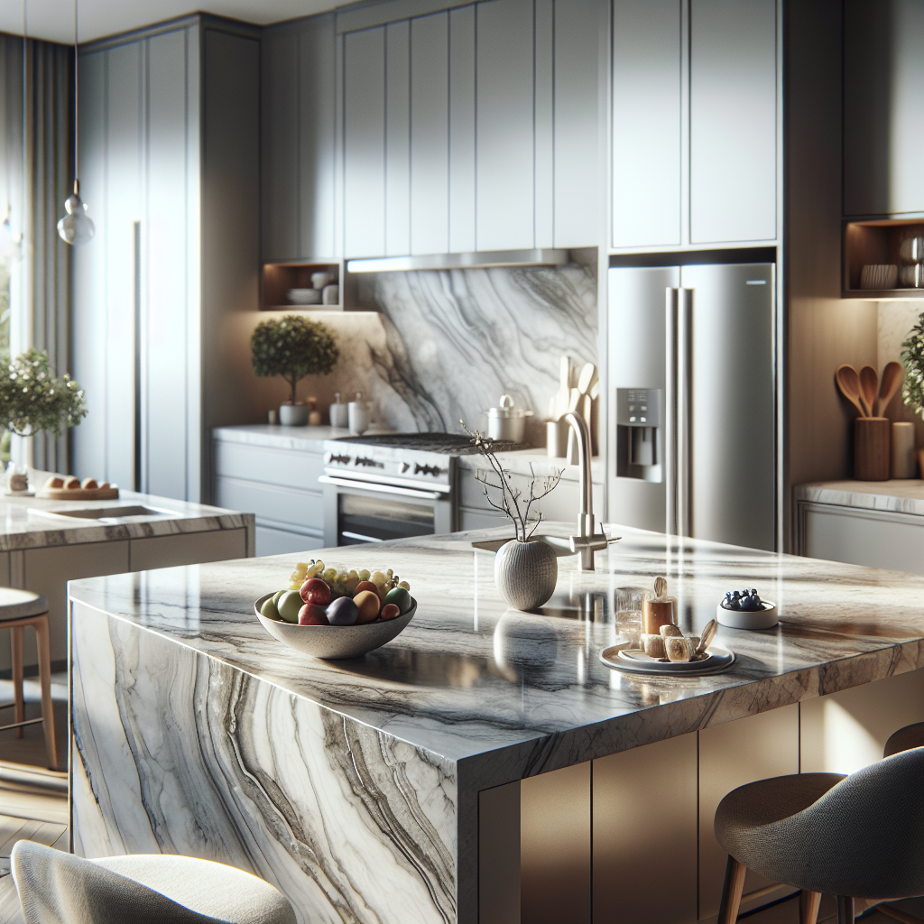 A realistic image of a modern kitchen with a pristine quartz countertop and sleek cabinets.