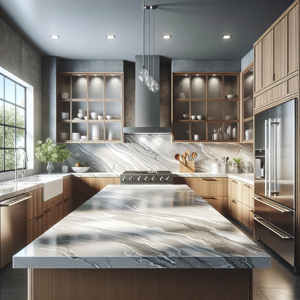 A modern kitchen with a quartz countertop, wooden cabinets, and stainless steel appliances.