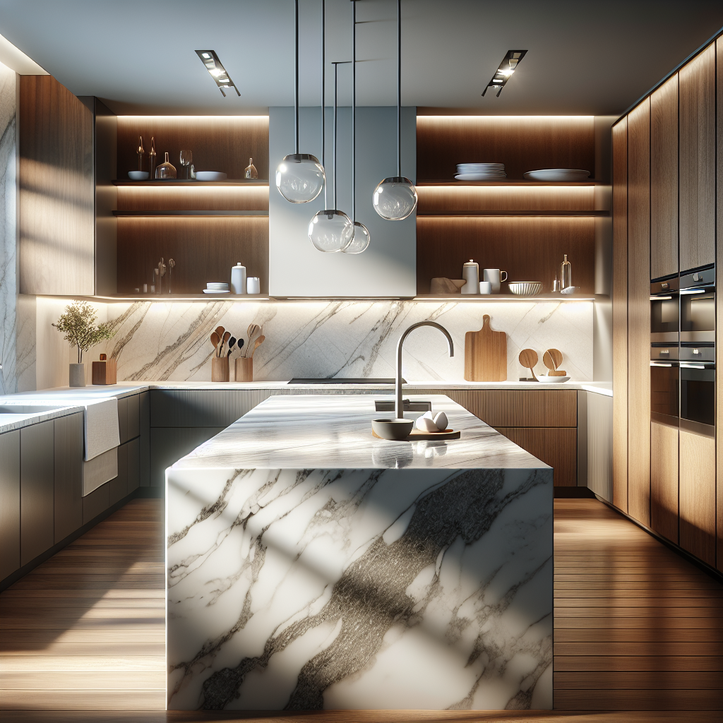 Modern kitchen showcasing a white and gray quartz countertop.