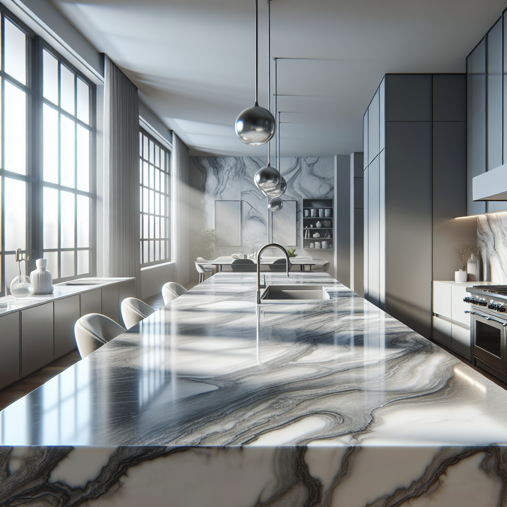Modern kitchen with a luxurious quartz countertop, smooth and polished with a subtle marbled pattern.