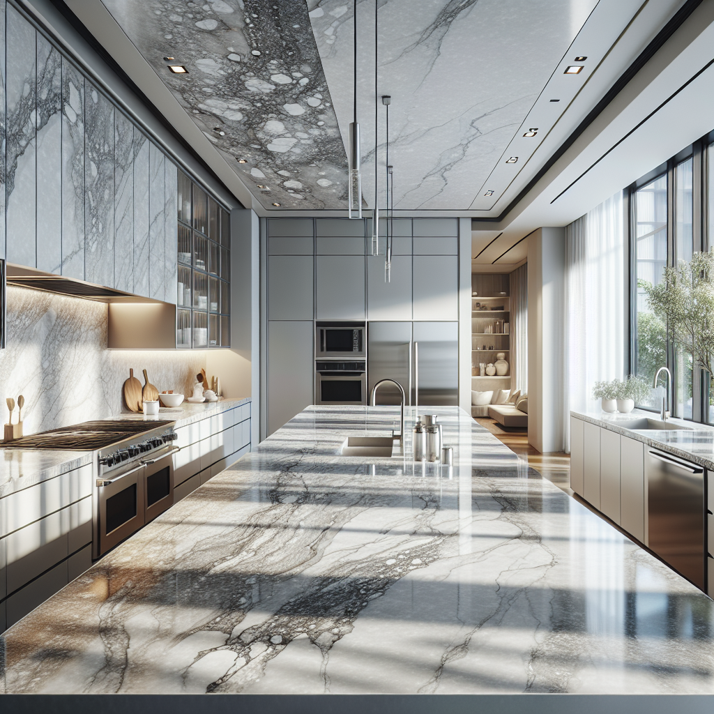 Realistic image of a modern kitchen with a quartz countertop featuring intricate patterns, well-lit with natural sunlight.