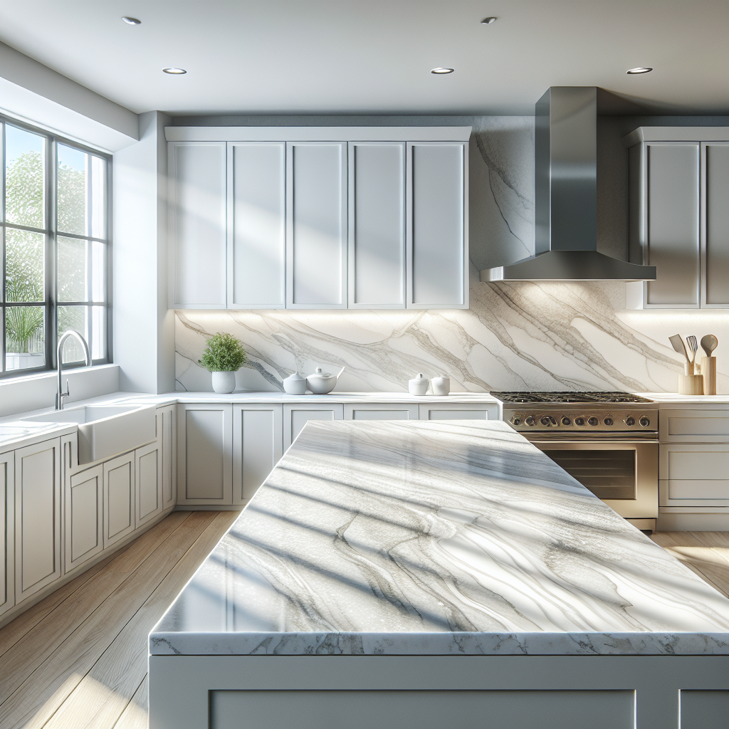 A realistic kitchen featuring a white and gray marbled quartz countertop, emphasizing its durability and aesthetic appeal.