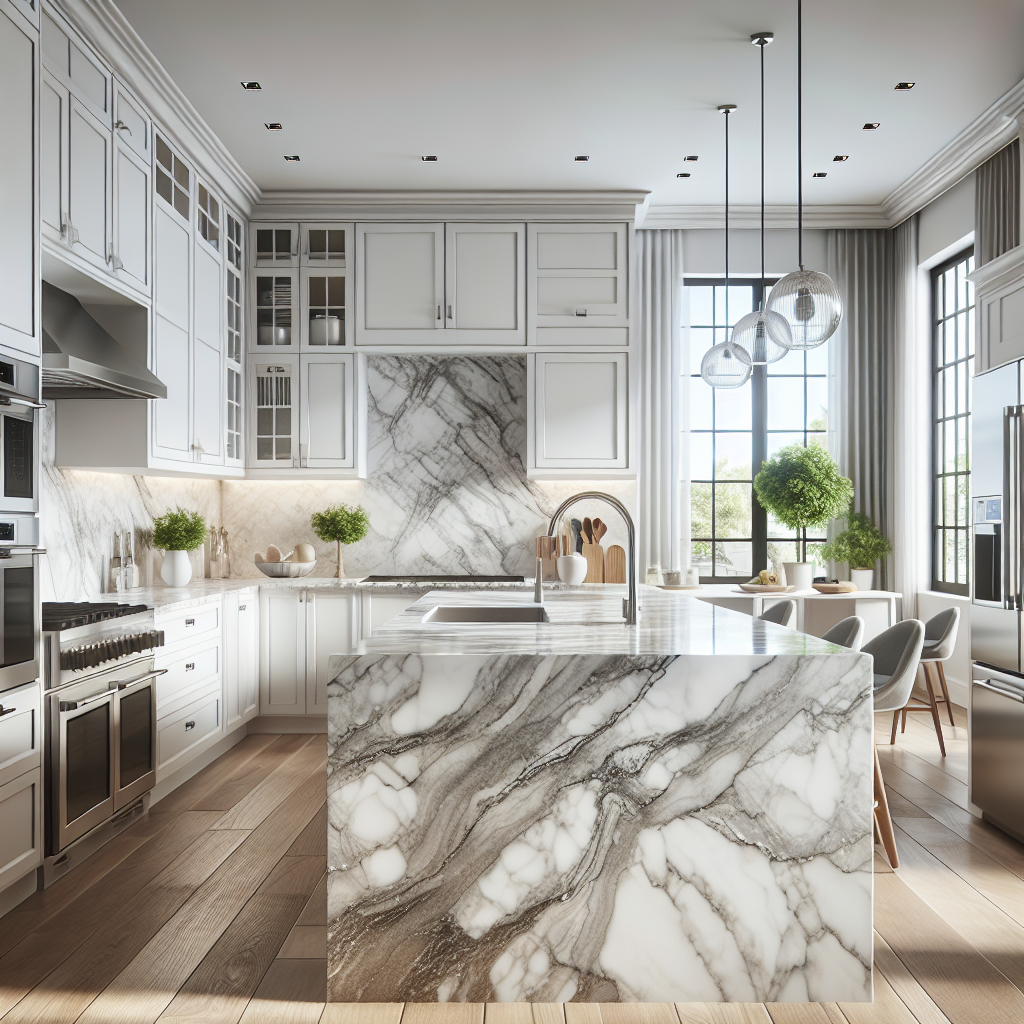 Modern kitchen with quartz countertops resembling natural stone, stainless steel appliances, and white cabinetry.