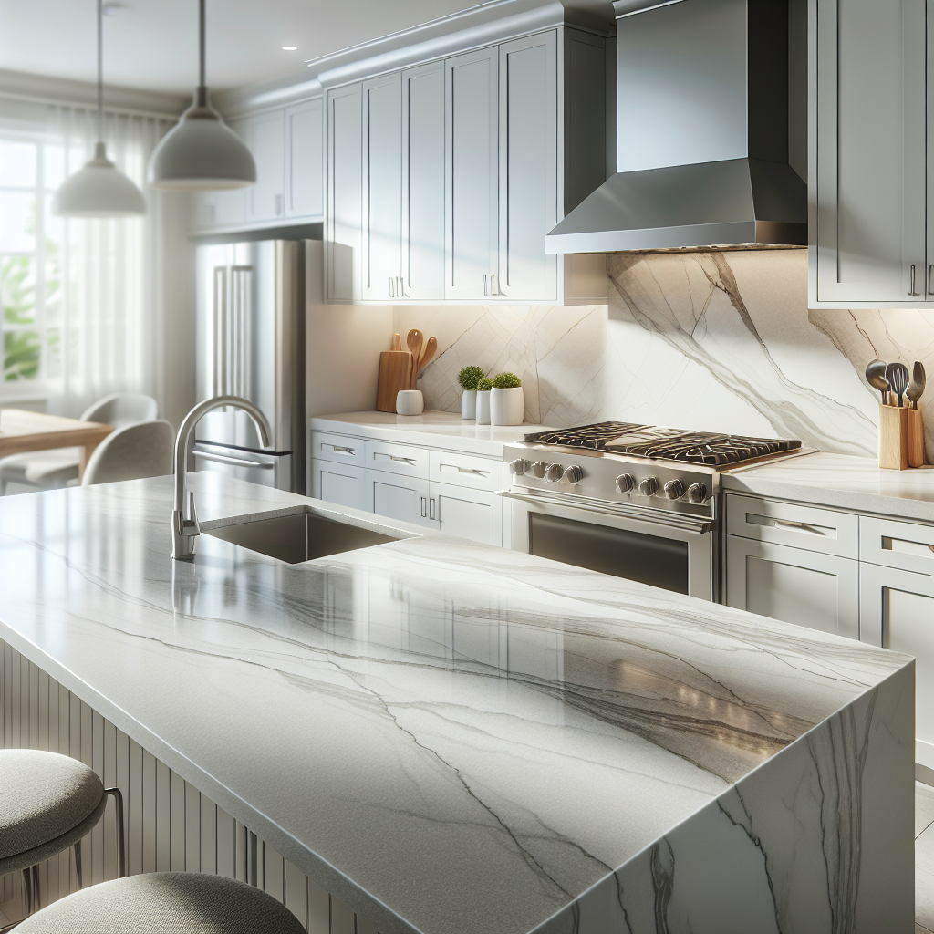 Modern kitchen with light gray quartz countertops, white cabinets, and stainless steel appliances, illuminated by natural daylight.