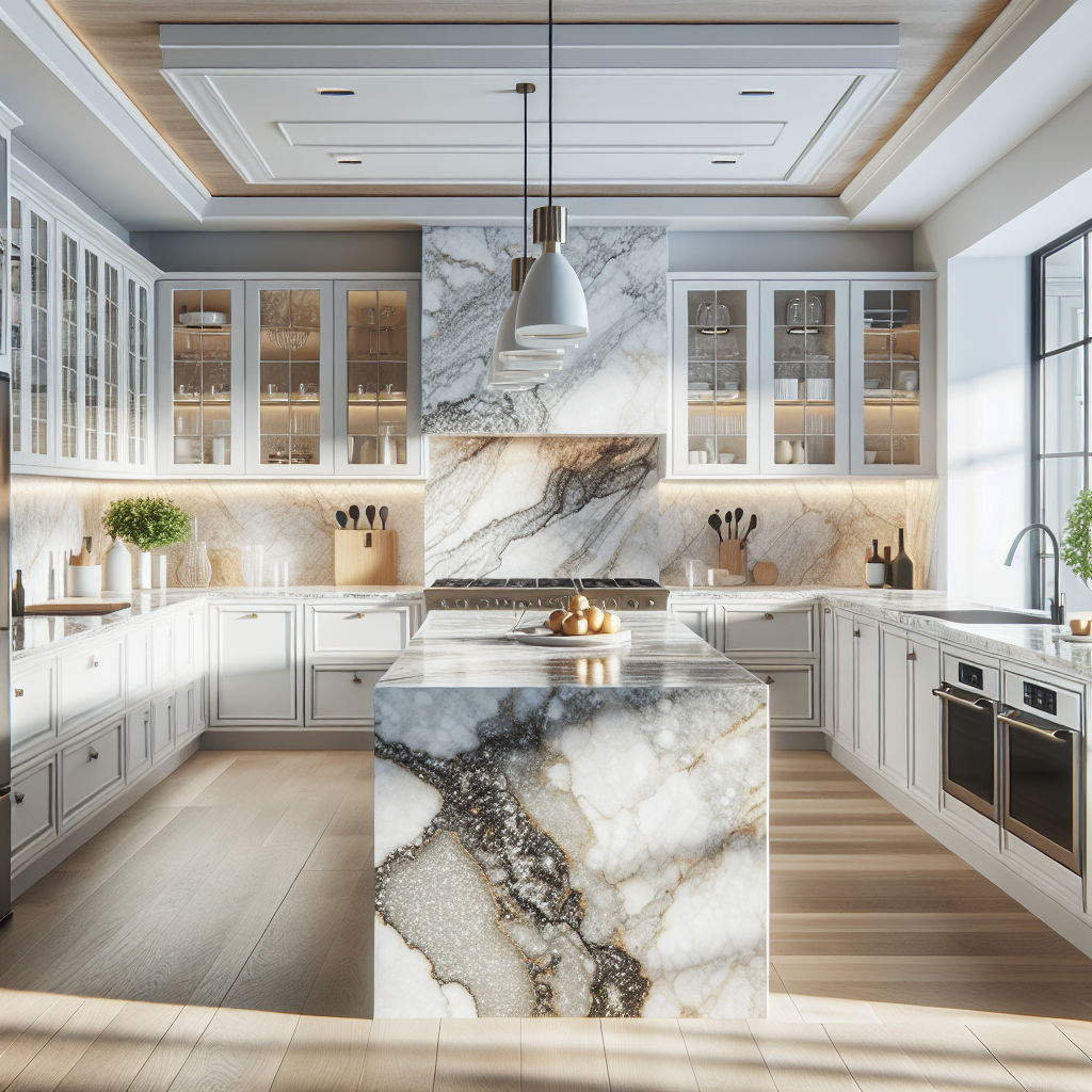 A modern kitchen with polished quartz countertops showcasing intricate patterns and vibrant hues.
