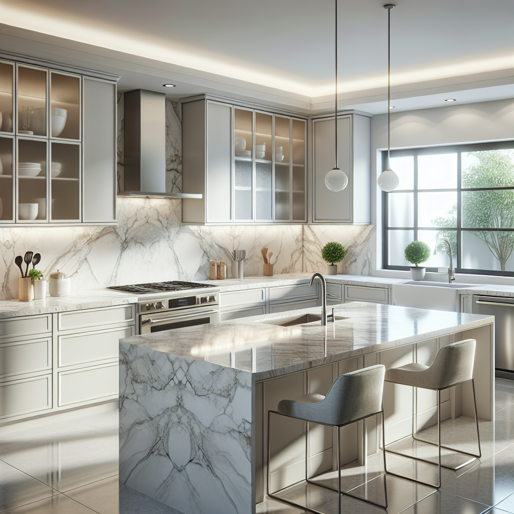 Modern kitchen with quartz countertops featuring a marble-like pattern and subtle veining.