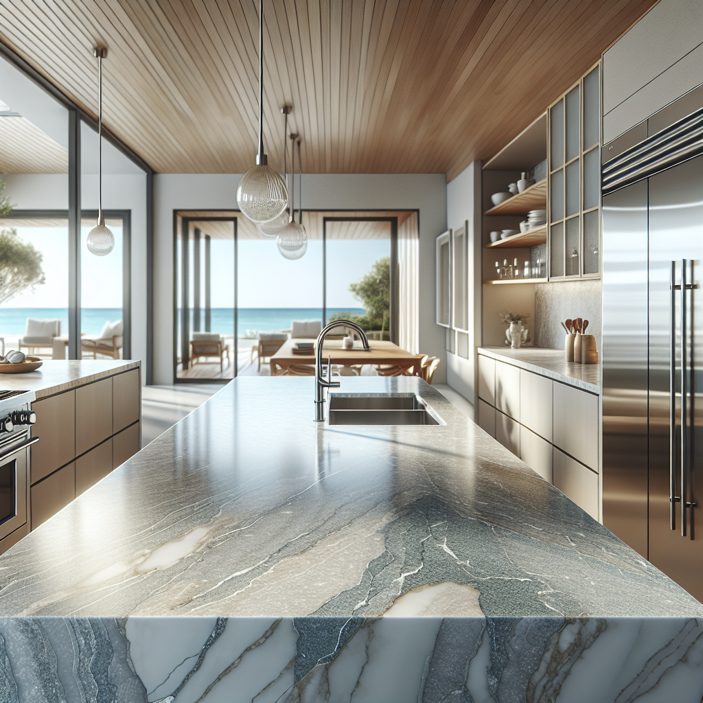 A modern kitchen featuring sleek quartz countertops in a bright, airy setting.