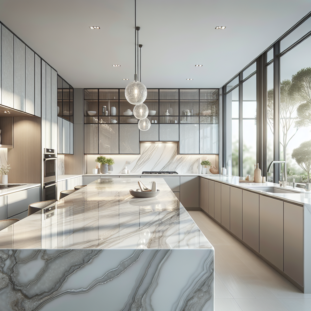 Modern kitchen in Pompano Beach with elegant quartz countertops, modern cabinetry, and contemporary lighting.