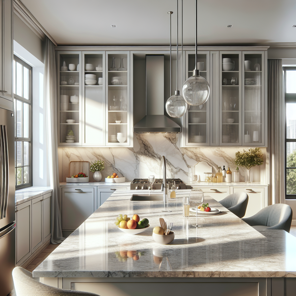 A modern kitchen in Pompano Beach featuring quartz countertops with a smooth finish and subtle pattern.