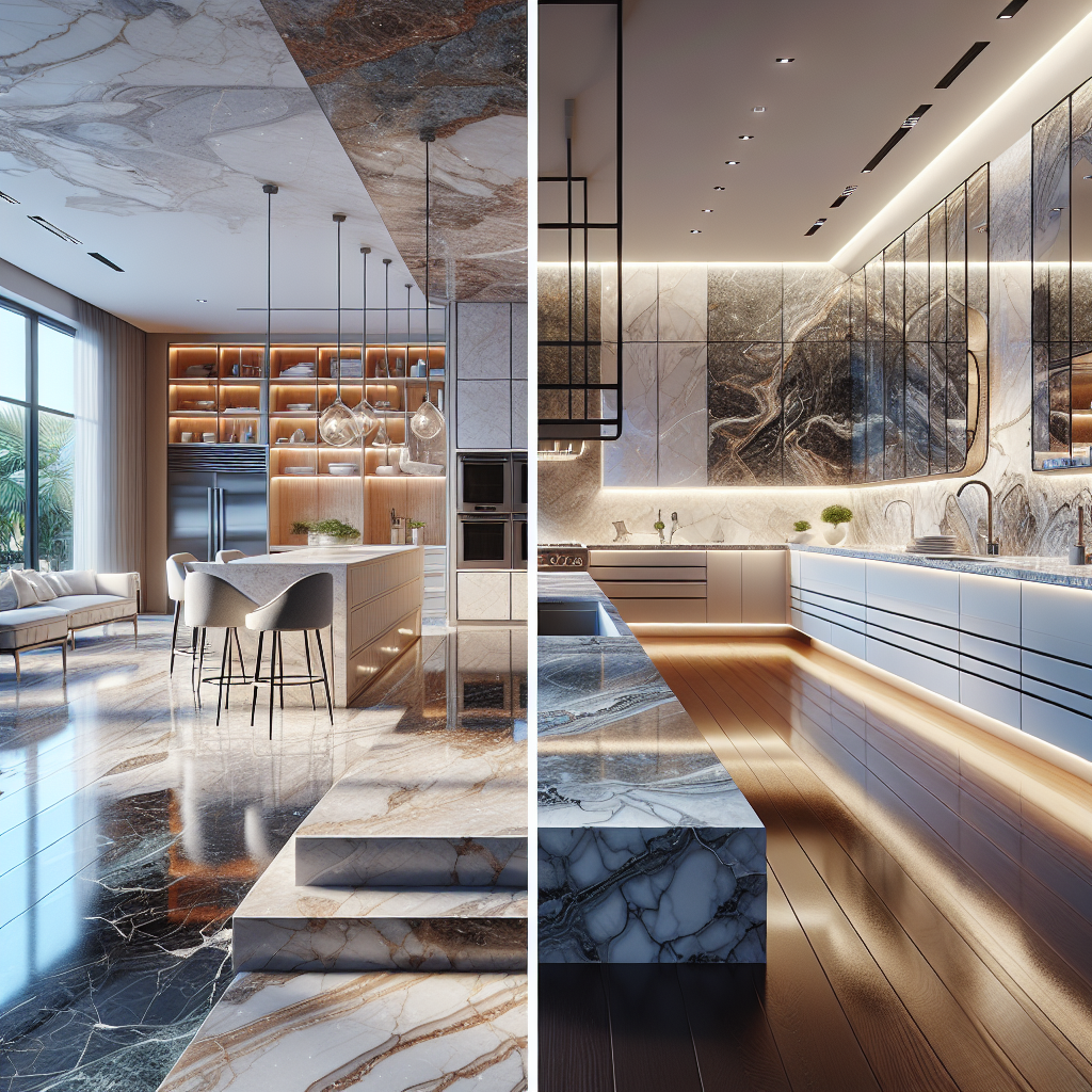 Luxurious kitchen and bathroom in Pompano Beach with stylish quartz countertops.