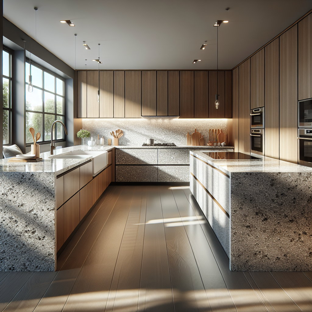 A modern kitchen showcasing elegant white and gray speckled quartz countertops.